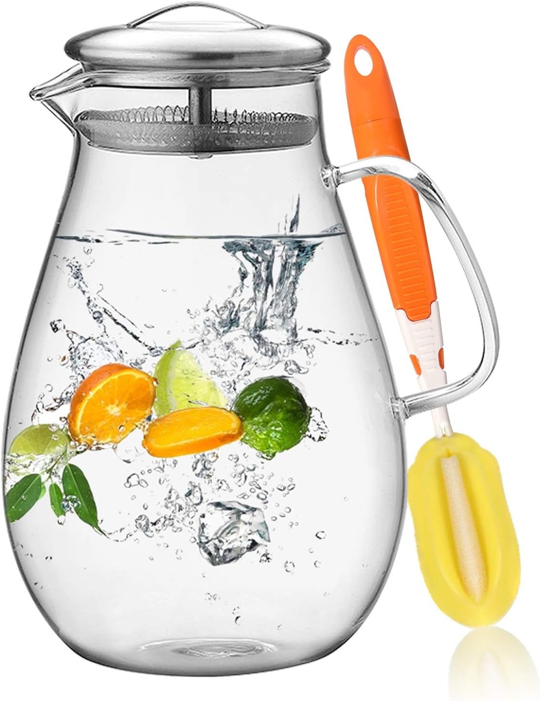 HIWARE 64 Ounces Glass Pitcher with Stainless Steel Lid / Water Carafe with Handle - Good Beverage Pitcher for Homemade Juice & Iced Tea, Cleaning Brush Included