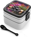 Adult Double-Layer Bento Box Portable Flowers in Fountain Massage Stones Lunchbox 1 L Capacity Leak-Proof Bento Box Microwave-Safe Food Container with Spoon And Hidden Handle