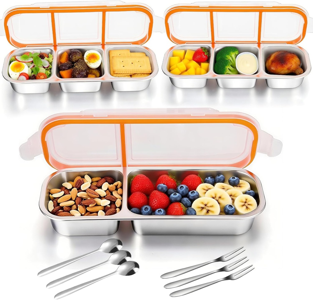 3 Pack Snack Containers with Leakproof Lids 304 Stainless Steel Bento Lunch Box Divided Food Containers for Home officer Gym Travel (3+3+2)