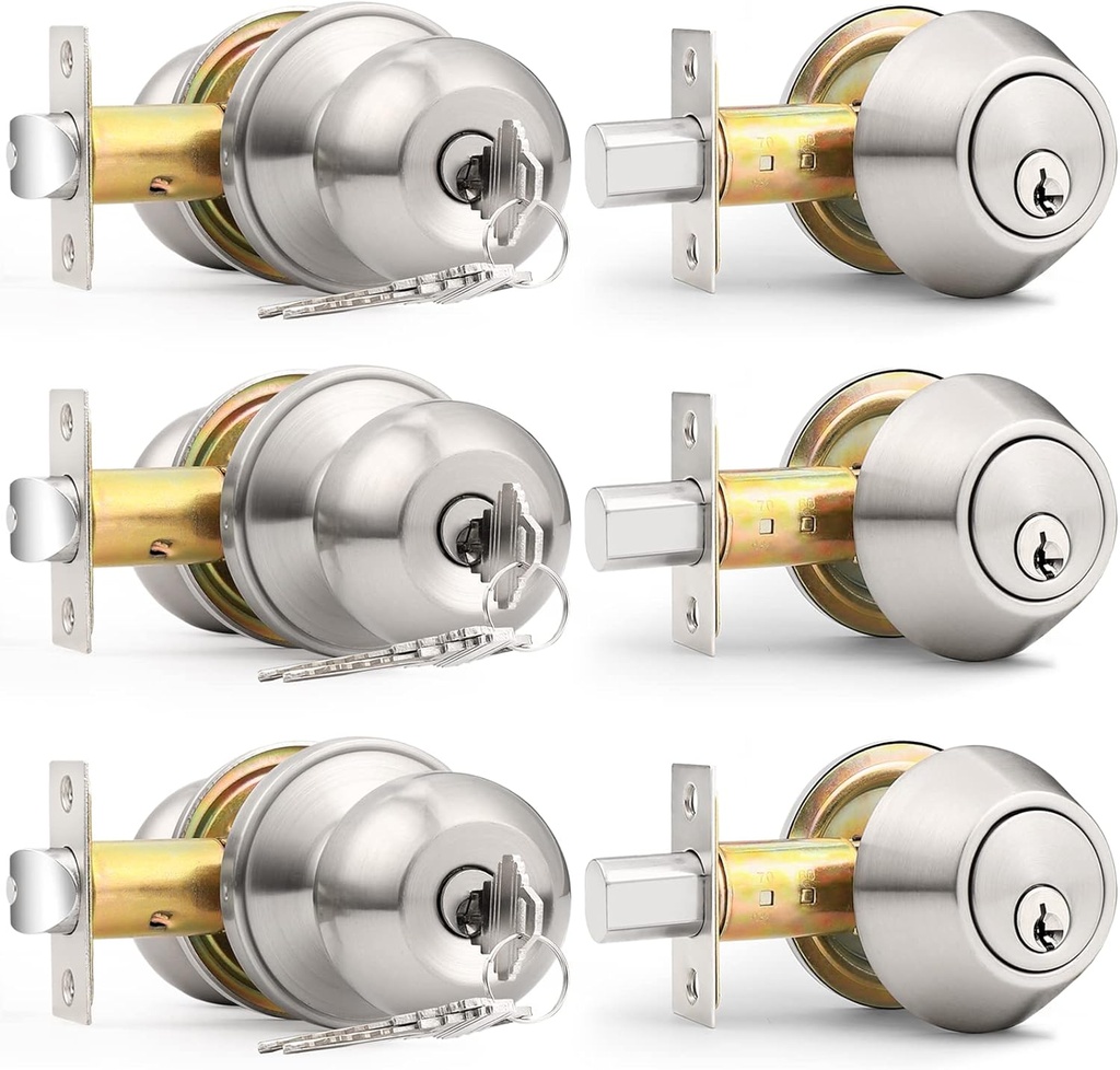 Probrico 3 Pack Exterior Door Knob and Single Cylinder Deadbolt Lock Combo Set, Brushed Nickel Front Door Handle with Lock and Key, Keyed Alike