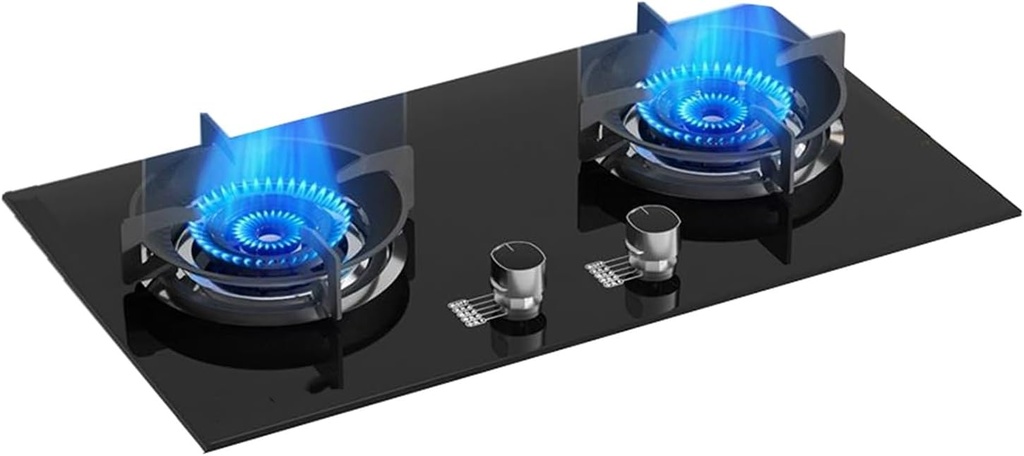 Gas Stove with 2 Burners,5.0KW Camping Gas Cooker,Kitchen Counter Top Stove,Tempered Glass Cast Iron Pot Rack,with Flameout Protection,for Home Kitchen(NG)