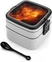 Roaring Flame Bento Box with Spoon, 2-layer Stackable Lunch Box Leak Proof with Invisible Handle, Insulated Food Storage for Office, Picnic & Travel