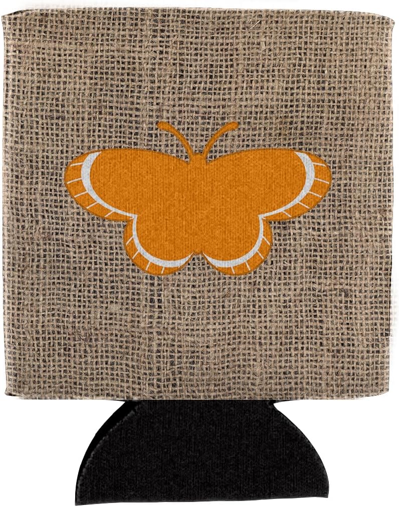 Caroline's Treasures BB1039-BL-OR-CC Butterfly Burlap and Orange BB1039 Can or Bottle Hugger Cooler Washable Drink Sleeve Collapsible Beverage Insulated Holder, Can Hugger, Multicolor