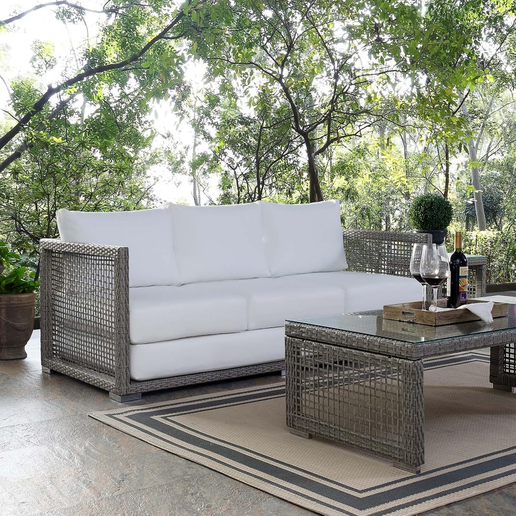 Modway Aura Wicker Rattan Outdoor Patio Sofa Couch in Gray White