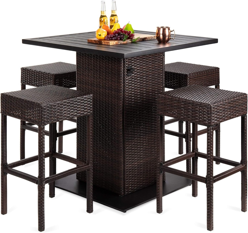 Best Choice Products 5-Piece Outdoor Wicker Bar Table Set for Patio, Poolside, Backyard w/Built-in Bottle Opener, Hidden Storage Shelf, Metal Tabletop, 4 Stools - Brown