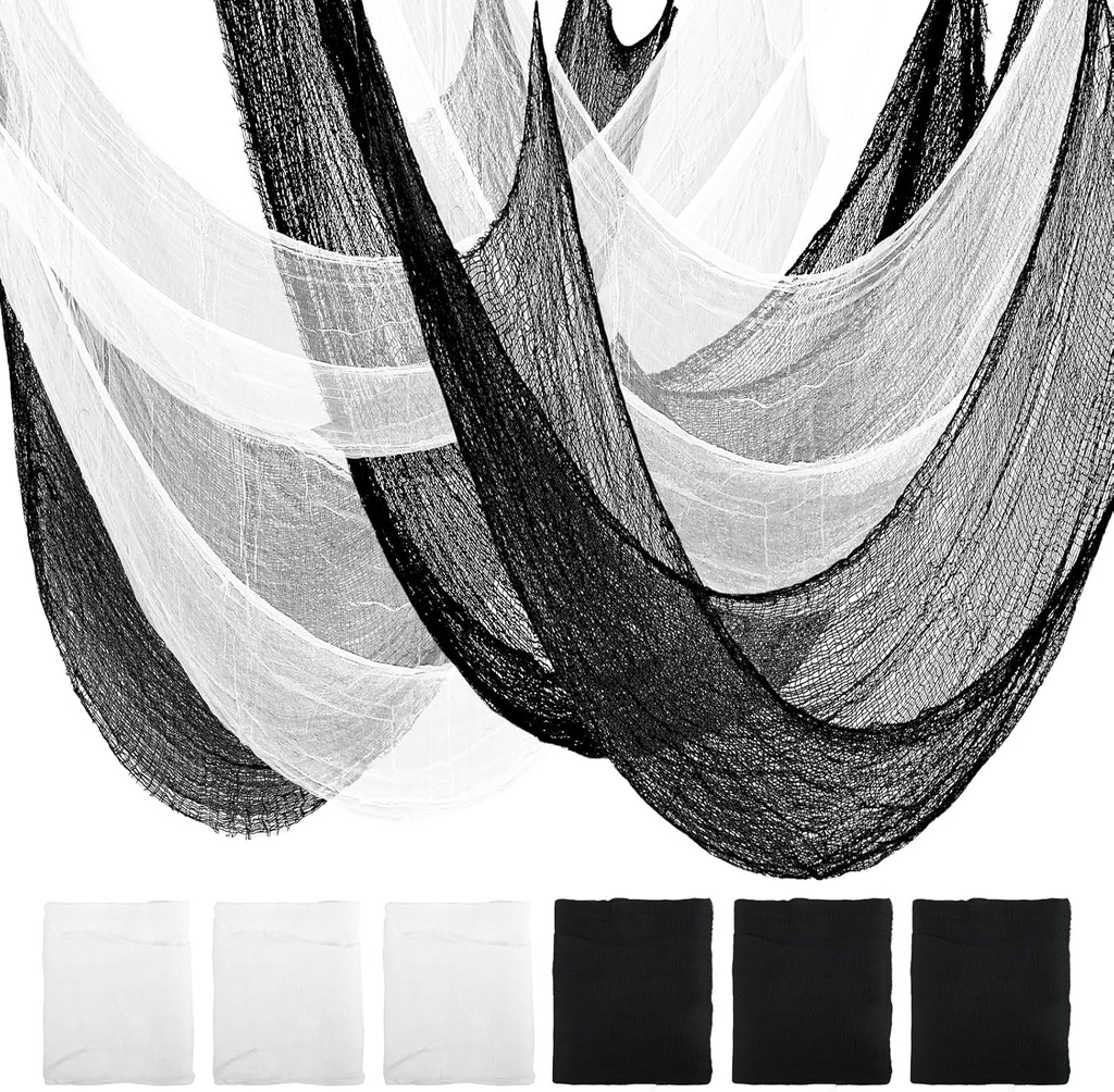 AHEONLAR 6-Pack Halloween Creepy Cloth - 30x72 Inch Black & White Halloween Gauze Spooky Fabric Cloth for Outdoor Decorations
