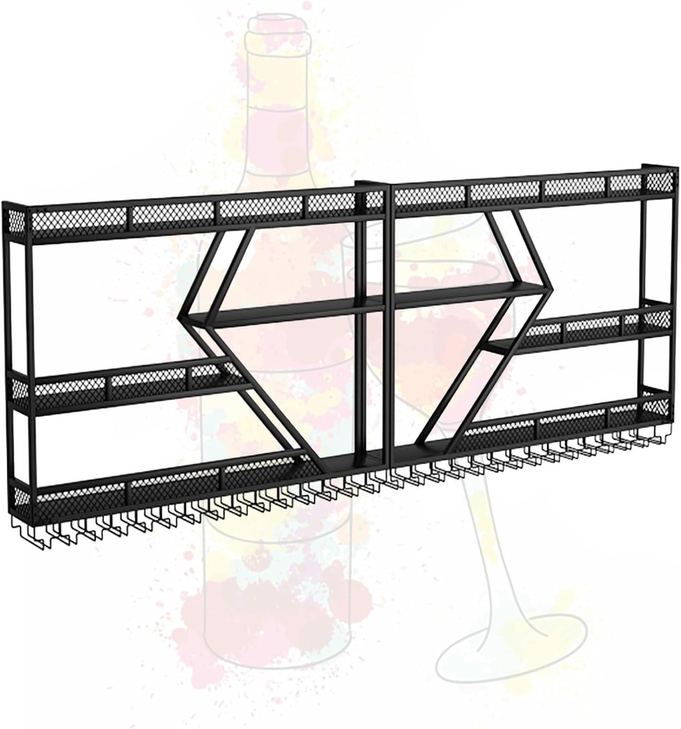 Modern Black Metal Wall Mounted Bar Wine Rack with LED Light Hanging Wine Glass Holder Floating Shelves Liquor Bottle Display Shelf Ideal for Wine Cellar or Kitchen Storage (Black 150*20*86cm)