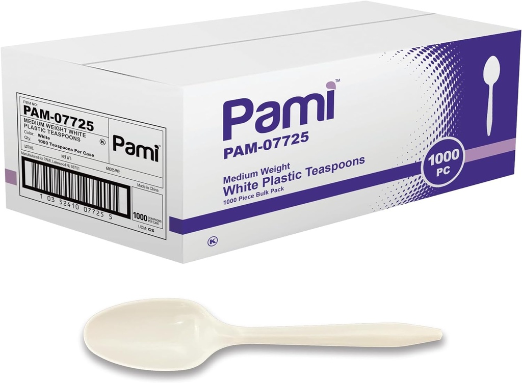 PAMI Bulk Plastic Spoons 1000 Count Disposable Medium Weight Sturdy Cutlery for Parties and Catering (Teaspoons Teaspoons White)