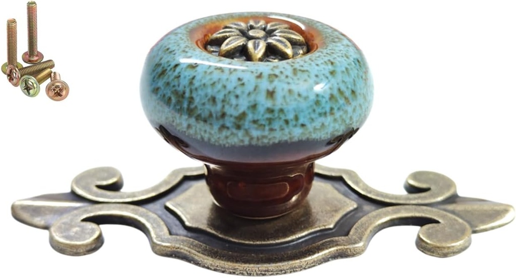 10 Pack Retro Ceramic Knobs,Vintage Dresser Kitchen Petal Cabinet Pulls Rustic Zinc Alloy Base Back Plate Kid Cupboard Wardrobe Drawer Door Handles (Leopard Print Blue)