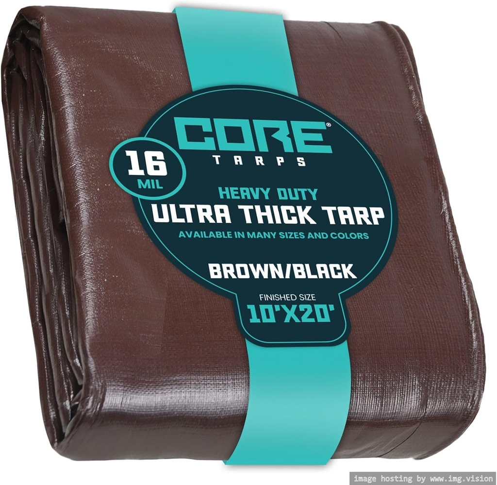 Core Tarps Extra Heavy Duty 16 Mil Tarp Cover, Waterproof, UV Resistant, Rip and Tear Proof, Poly Tarpaulin with Reinforced Edges for Roof, Camping, Patio, Pool, Boat (Brown/Black 10′ X 20′)