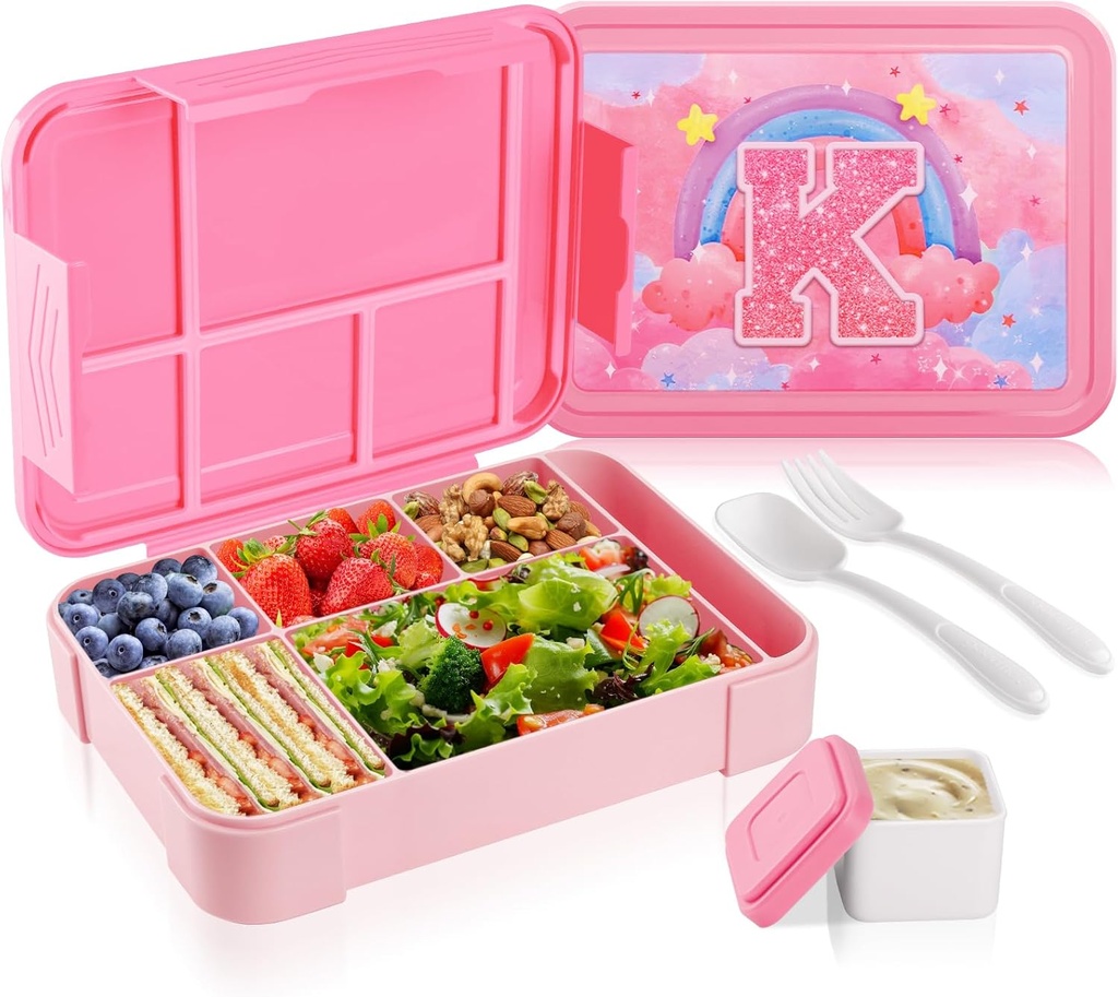 JYPS Bento Box for Kids,Leak-Proof Kids Lunch Box with 6 Compartments,Sauce Container,Utensils,BPA Free Microwave/Dishwasher Safe Lunch Container for Girls and Toddlers Back to School-Pink K