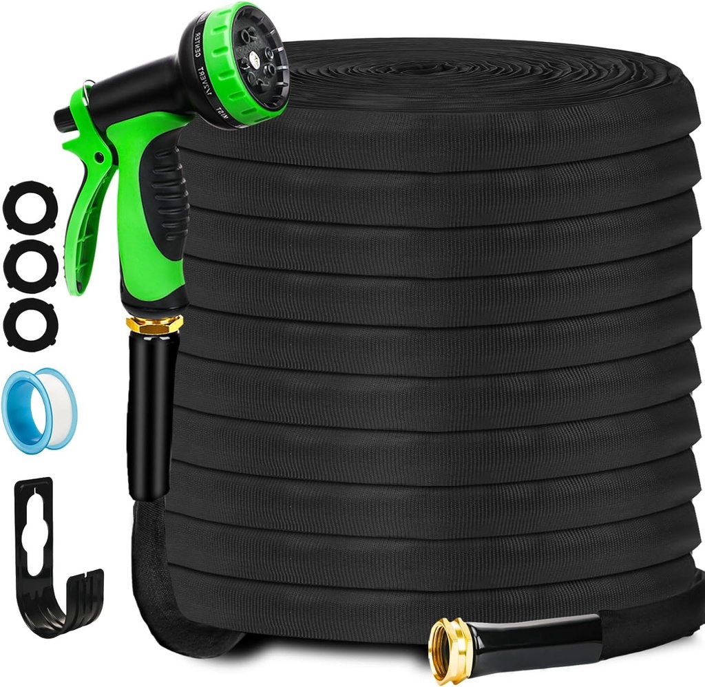 Non-Expanding Garden Hose 100FT, Lightweight Flexible Hose with 10 Function Nozzles, Leak-Proof Metal Interface, Kink Free, Wear-Resistant, Outdoor Long Hose Pipe for Car Wash, Yard, Lawn