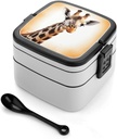 Adult Double-Layer Bento Box Cute Giraffe Portable Lunch Box with Spoon And Invisible Handle Leakproof Microwave-Safe Food Container for Work Travel Camping