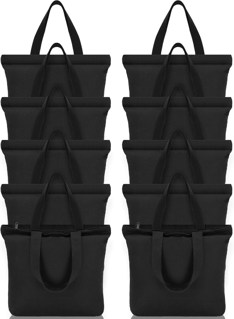 Sanwuta 10 Pcs Black Canvas Tote Bag with Handles 16.5 x 3.9 x 13 In Thick Plain Zipper Tote Kitchen Reusable Grocery Shopping Bag for Women Men DIY Crafting Embroidering