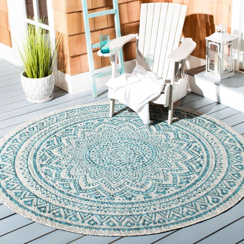 SAFAVIEH Courtyard Collection 80.4" x 80.4" Grey / Teal CY8734 Indoor-Outdoor Waterproof Easy-Cleaning Patio Backyard Mudroom Area-Rug