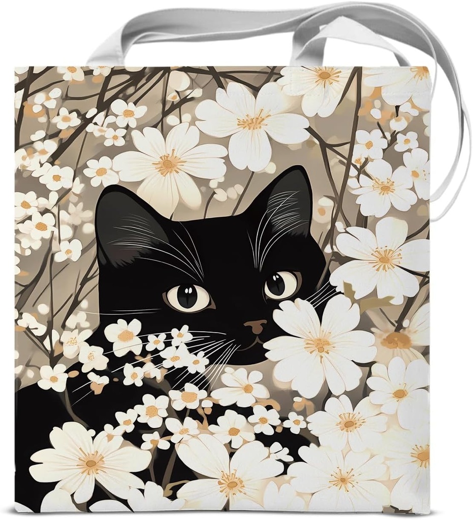 Floral Cat Print Canvas Tote Bag for Women Cat Lovers Kitten in White Flowers Reusable Grocery Shoulder Bag for Shopping Work Beach Travel Aesthetic Totes Gifts