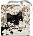 Floral Cat Print Canvas Tote Bag for Women Cat Lovers Kitten in White Flowers Reusable Grocery Shoulder Bag for Shopping Work Beach Travel Aesthetic Totes Gifts