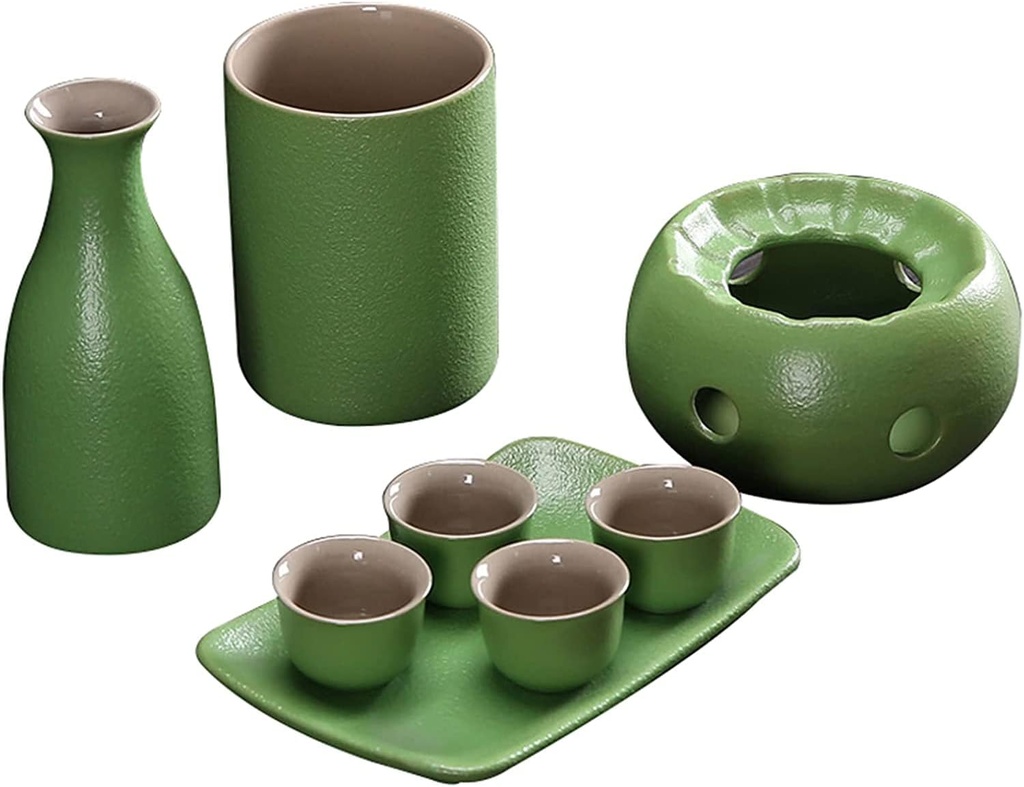 Ceramic Sake Set with Thermal Pot and Tray-8-piece Pottery Set Including 1 Sake Pot 4 Sake Cups 1 Vacuum Cup 1 Candle Stove and 1 Tray (Color : Brown) (Green)