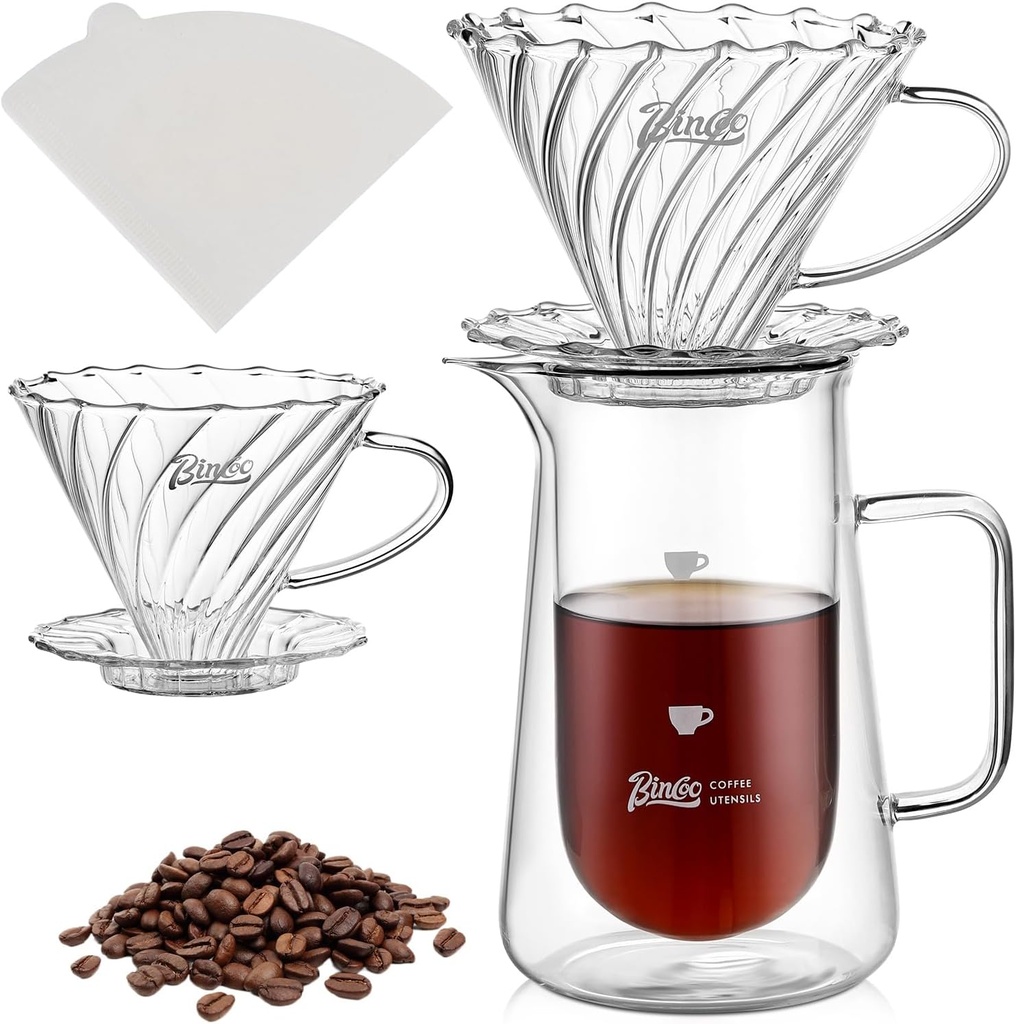 Double Wall Pour Over Coffee Maker Set - 400ml Insulated Glass Carafe with Handle, Dripper & 50 Filters, Coffee Server for Pour Over, Borosilicate Glass for Coffee, Tea, Cocktails & All Beverages