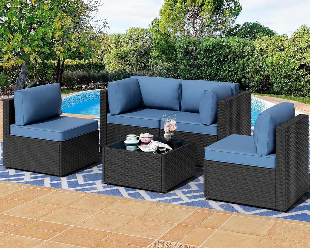 Shintenchi 5 Pieces Outdoor Patio Sectional Sofa Couch, PE Wicker Furniture Sets, Patio Conversation Sets with Washable Cushions Glass Coffee Table for Garden, Poolside, Backyard, Aegean Blue