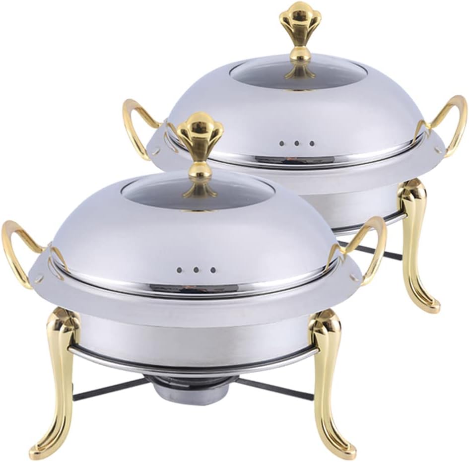 SOGA 2X Stainless Steel Round Buffet Chafing Dish Food Warmer with Gold Accents and Glass Top Lid for Catering
