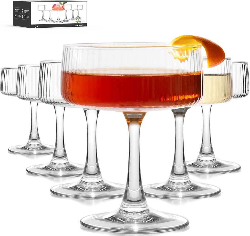 LUNA & MANTHA Coupe Glasses Set of 6, 10oz Ribbed Cocktail Glasses, Vintage Large Martini Glass for Espresso Martini, Margarita, Manhattan, Champagne, Drink Glassware & Gift