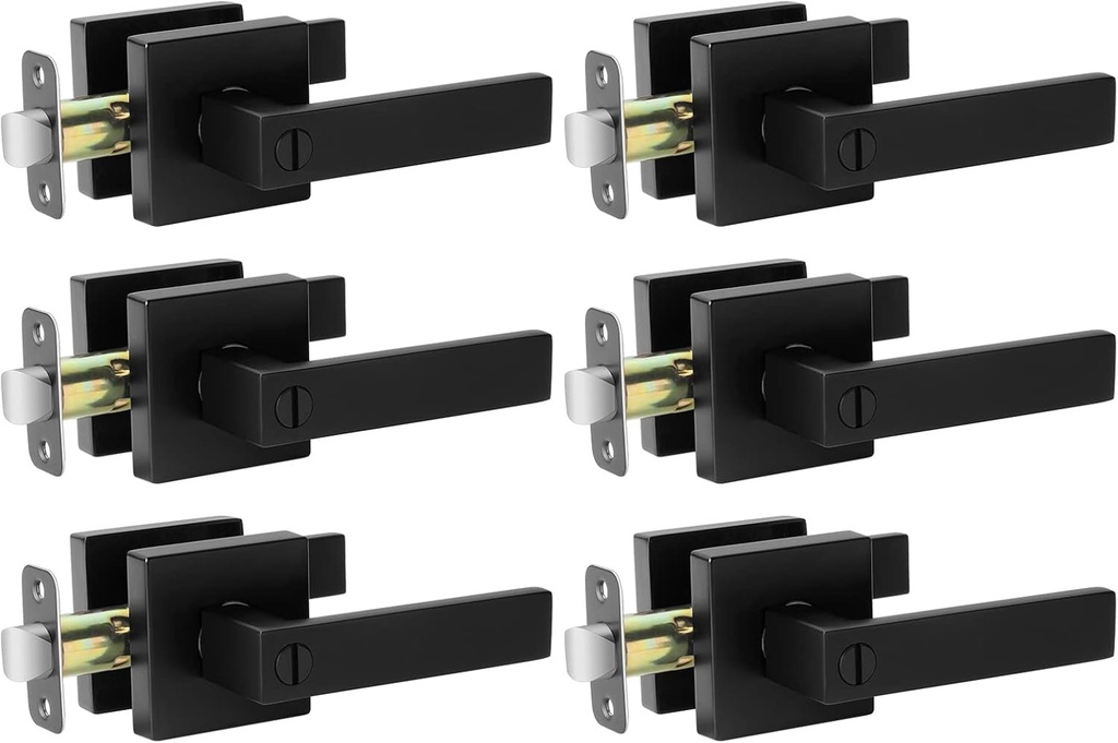 Matte Black Door Handle Interior Knob Keyless Levers Set (6 Pack), Heavy Duty Privacy Lock for Bedroom or Bathroom, Reversible for Left Right Sided Doors