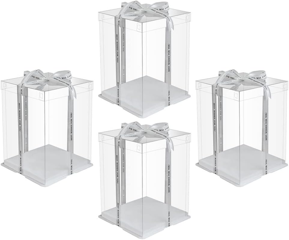 Zerodeko Transparent Cake Box with Ribbon, 4PCS Clear Plastic Cake Boxes Bakery Packaging Carriers Baking Cookie Cake Box Case for Birthday Wedding 4Inch