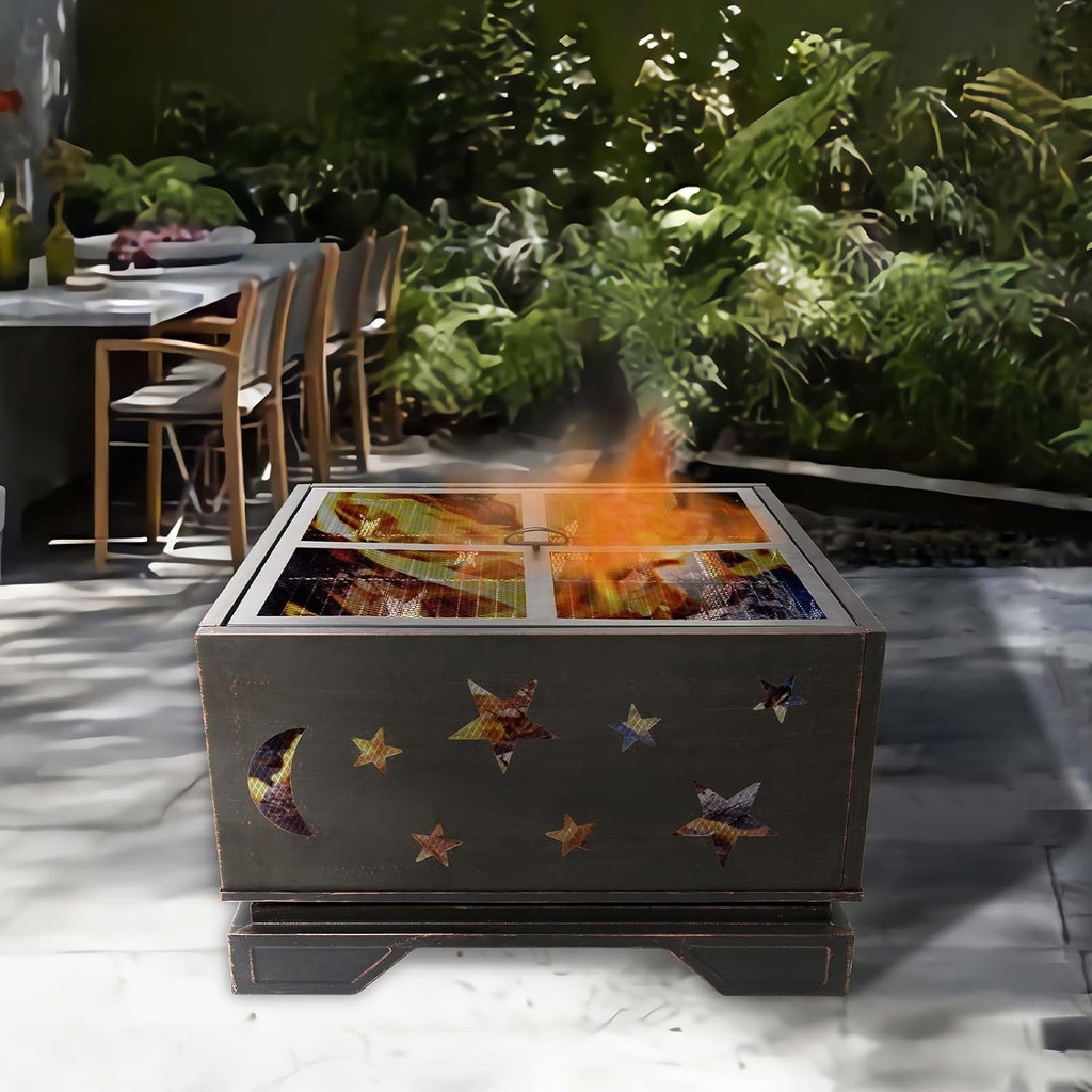 26 Inch Outdoor Fire Pit with BBQ Grill, Portable Square Fire Pit, Wood Burning Fire Pit with Poker, Large Burning Space Fireplace for Patio Garden Camping Backyard Picnic Bonfire