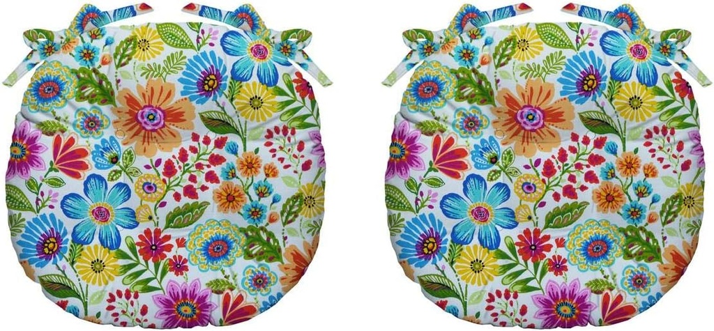 RSH DECOR Indoor Outdoor Patio Furniture Set of 2 Tufted Bistro Round Chair Seat Cushion Pads with Ties ~ Available in 4 Sizes & Various Fabrics - 18" Gregoire Fresco Blue red Yellow Pink Floral
