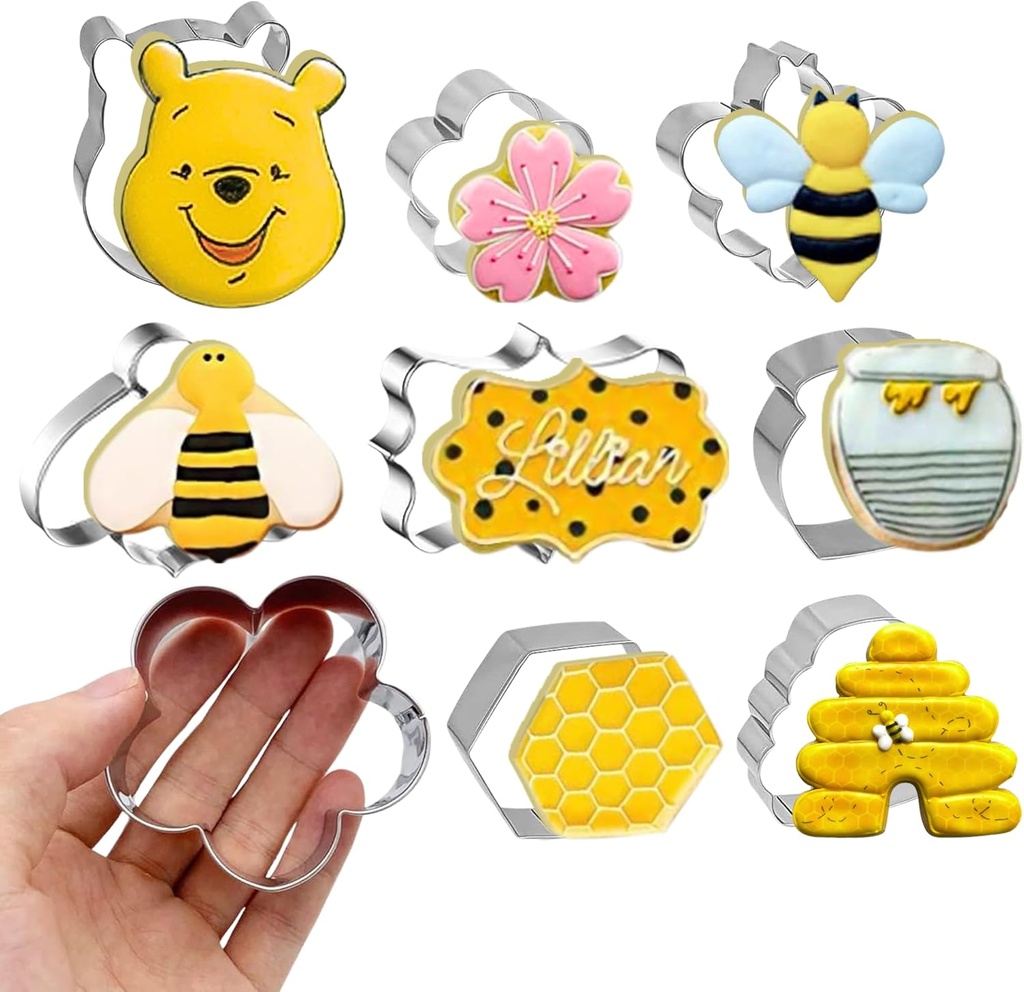 Pack of 8 Bee Cookie Cutter Set – Stainless Steel Bee Beehive Honey Jar Cartoon Bear Flower Hexagon Honeycomb Shaped Cutters for Holiday Bakeware Birthday Honey Party Decoration