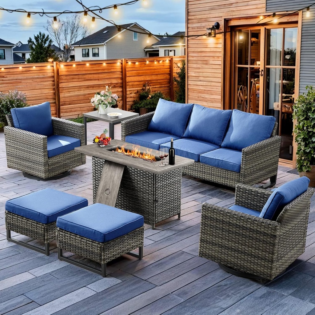 HUMMUH 7 Piece Patio Furniture Set with Fire Pit 41in 55,000 BTU,Wicker Outdoor Conversation Sets - Patio Swivel Chairs Sofa Ottomans,Side Table for Porch,Garden,Backyard