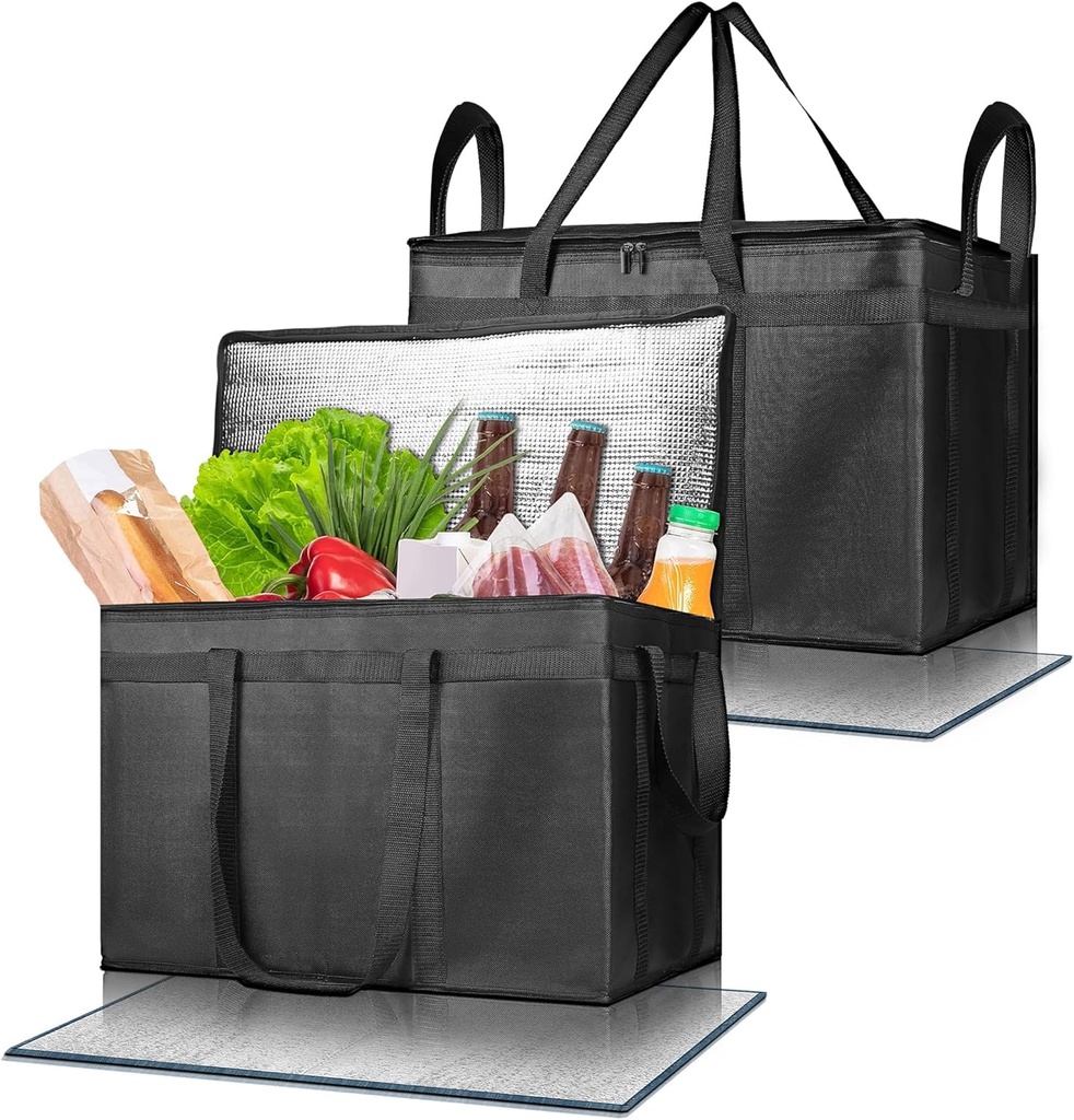 Pack of 2 Insulated Food Delivery Bag with Hard Bottom, XXXL Large Reusable Thermal Cooler Grocery Tote Bag, Commercial Pizza Delivery Box Carrier for Uber Eats, Doordash Essentials, Hot and Cold Food