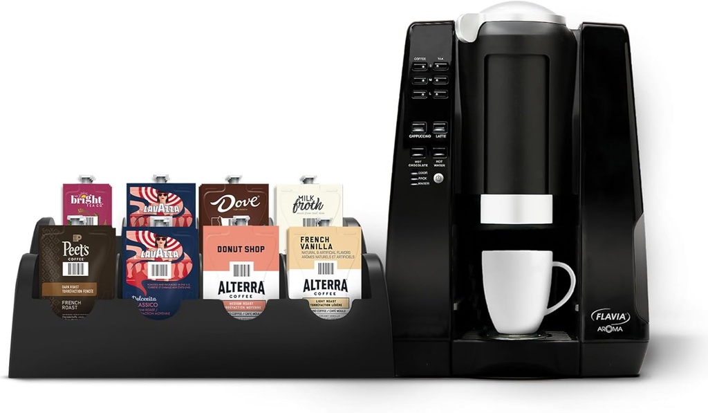 Brewer Bundle with 134 Freshpacks and 1 Merchandiser - Black, Makes Coffee, Lattes, Tea, and other Hot or Cold Beverages with Single-Serve Freshpacks, Multiple Brew Sizes