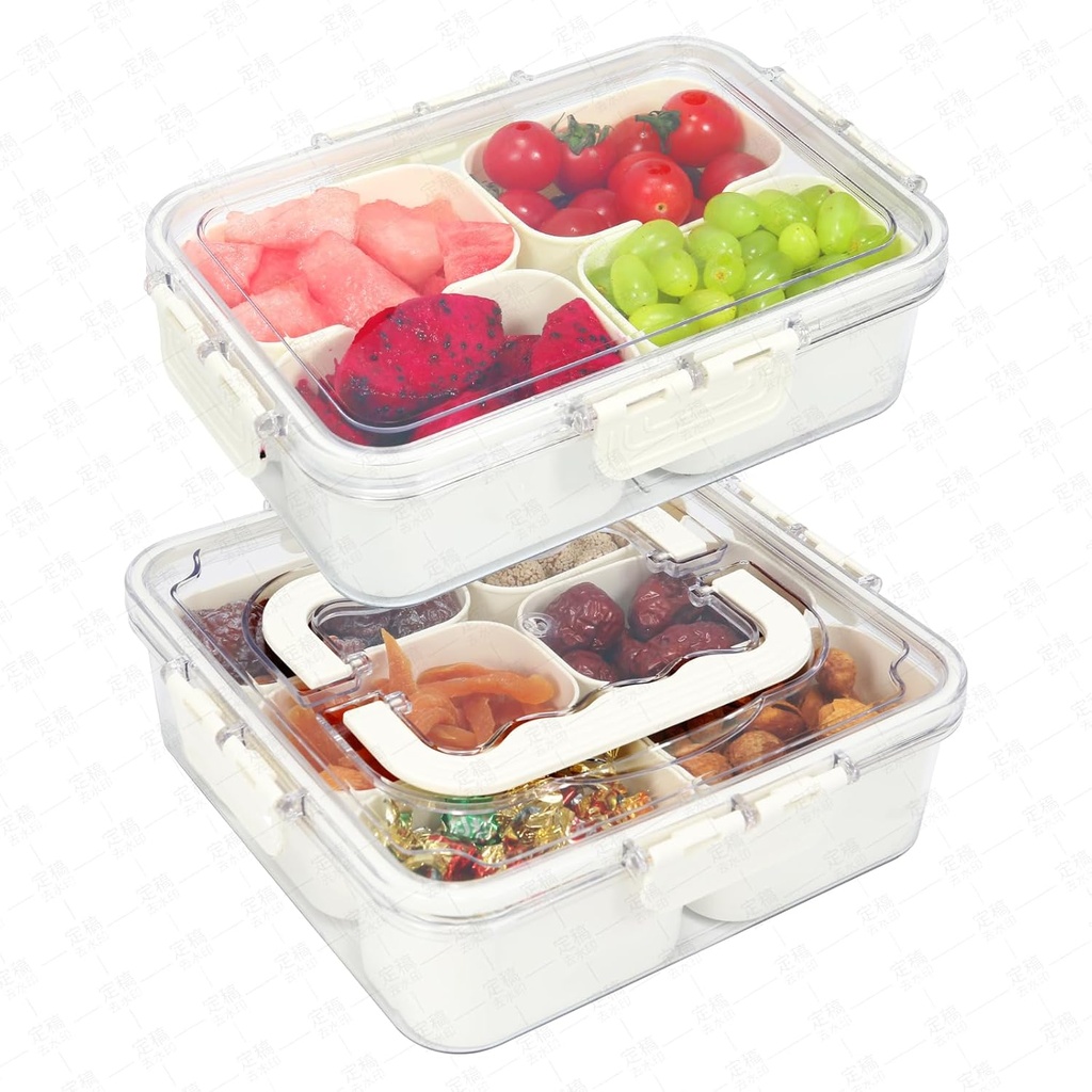 Portable Snack Containers for Kids, Lunchable Containers for Kids Adults,Reusable Snack Box Travel Veggie Tray with Lid, Divided Serving Tray with Handle, Perfect for Travel Movie Night