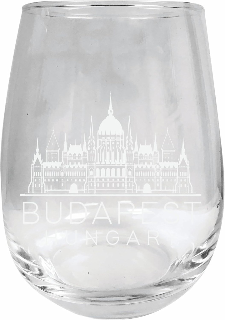 R and R Imports Budapest Hungary Souvenir 15 oz Engraved Stemless Wine Glass 4-Pack