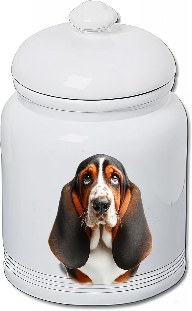 Basset Hound Open Tri - Best of BreedDog and Cat Ceramic Treat Jar 9" Tall Air Tight Seal All White