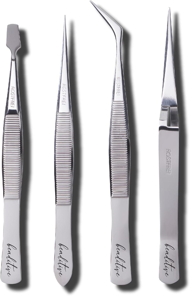 Beaditive Professional Stainless-Steel Precision Tweezer Set – Craft Tweezers for Jewelry & Nail Art – 4 Piece High Precision Jewelry Picking Tools – Jewelry Tools with Non-Serrated Tips