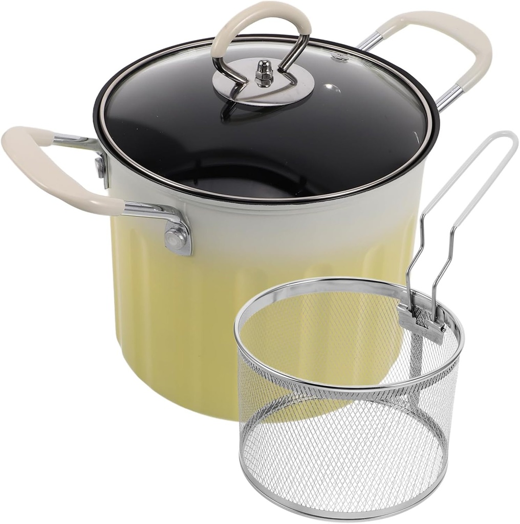 PRETYZOOM Cast Iron Deep Fryer Pot with Oil Drainer Lid and Strainer Basket Nonslip Base and Antiscald Handles Even Heat Cooking Fryer for Fish Shrimp Chicken French Fries Compatible with