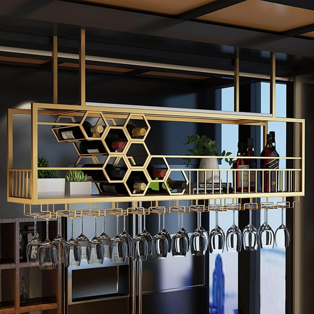 Wine Cellar Racks, Ceiling Mounted Wine Bottle Rack,Stylish Bar Liquor Shelves with Glass Holder,Premium Hanging Display for Home Bar, Dining Room, Kitchen,Gold(Size:90x30cm)