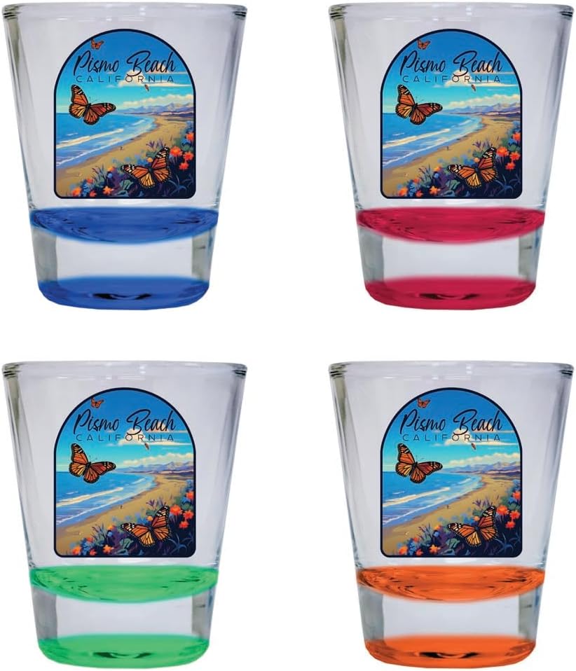 R and R Imports Pismo Beach California Butterfly Beach Design Souvenir 2 Ounce Shot Glass Round 4-Pack Multicolor