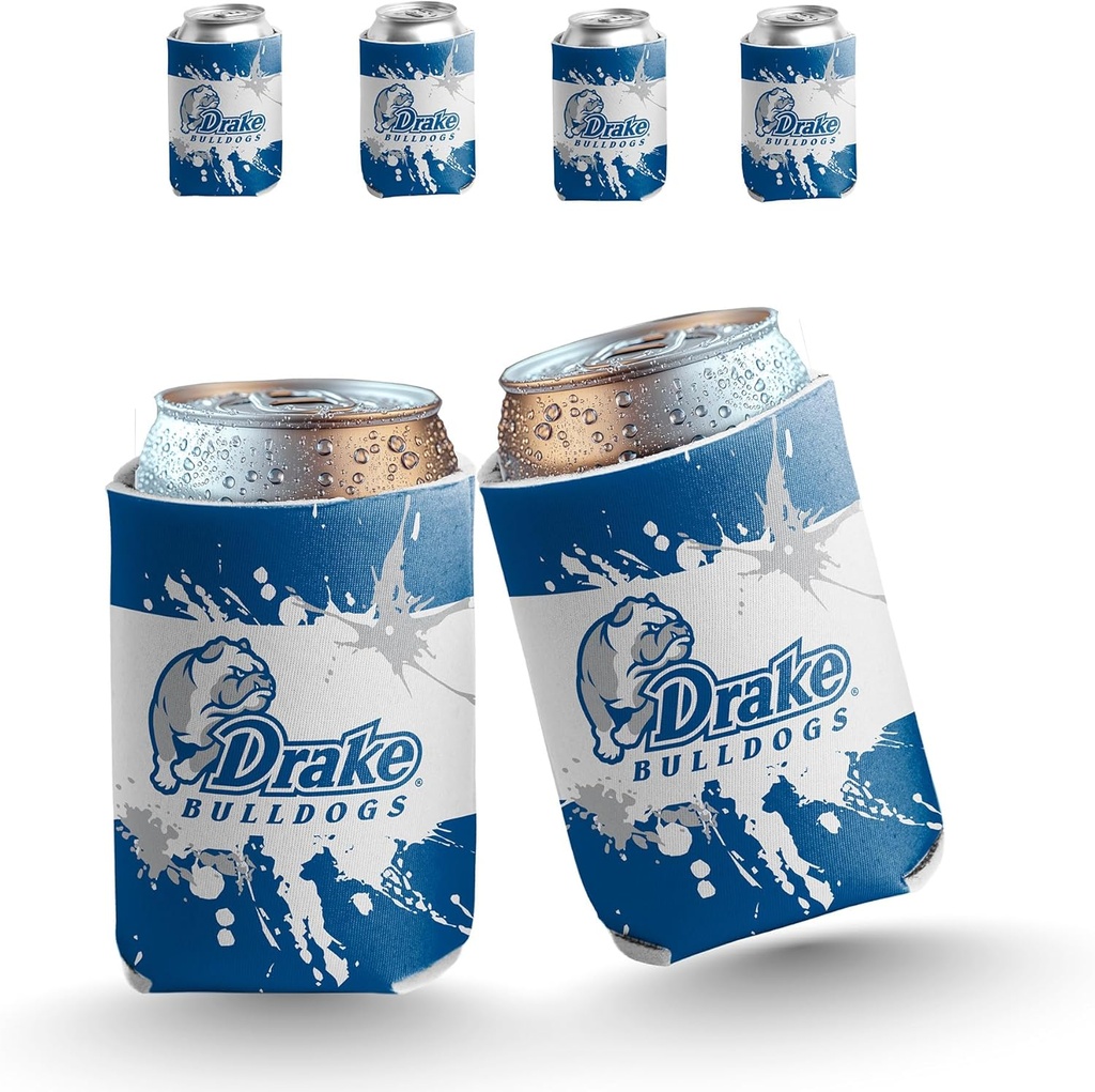 VictoryStore Drake University Can Coolers – Set of 6 – Splatter Design 1 – Fits 12-16 oz Cans & Bottles – Made in USA