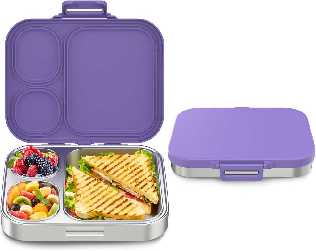 Stainless Steel Bento Box Kids, Leak Proof Metal Bento Lunch Box,3 Compartments 304 Stainless Steel Bento Lunch Containers for School and Office,BPA-Free(Purple)