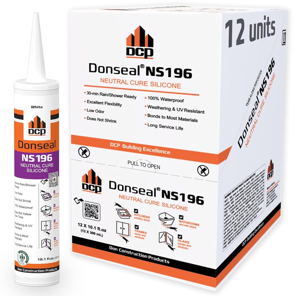 DCP Donseal NS196 Silicone Caulk Sealant 12 Pack – 100% Silicone Tube for Bathroom, Kitchen, Outdoor, Bathtub and Window Seal, 10.1 fl oz – White