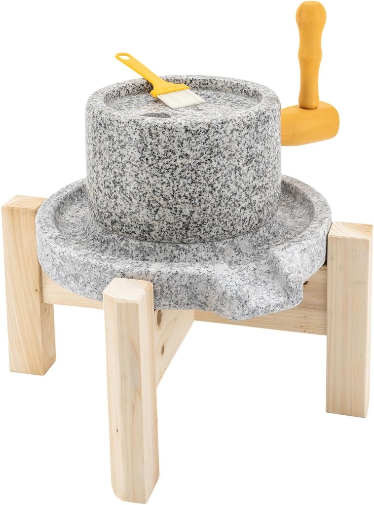 Stone Grain Mill, Natural Granite Handmade Stone Mill Grinding Tool Manual Stone Grinder Paste Mill with Filter Bag, Ancient Grinding Stone Millstone for Grind Dry and Wet Foods (With Stand)