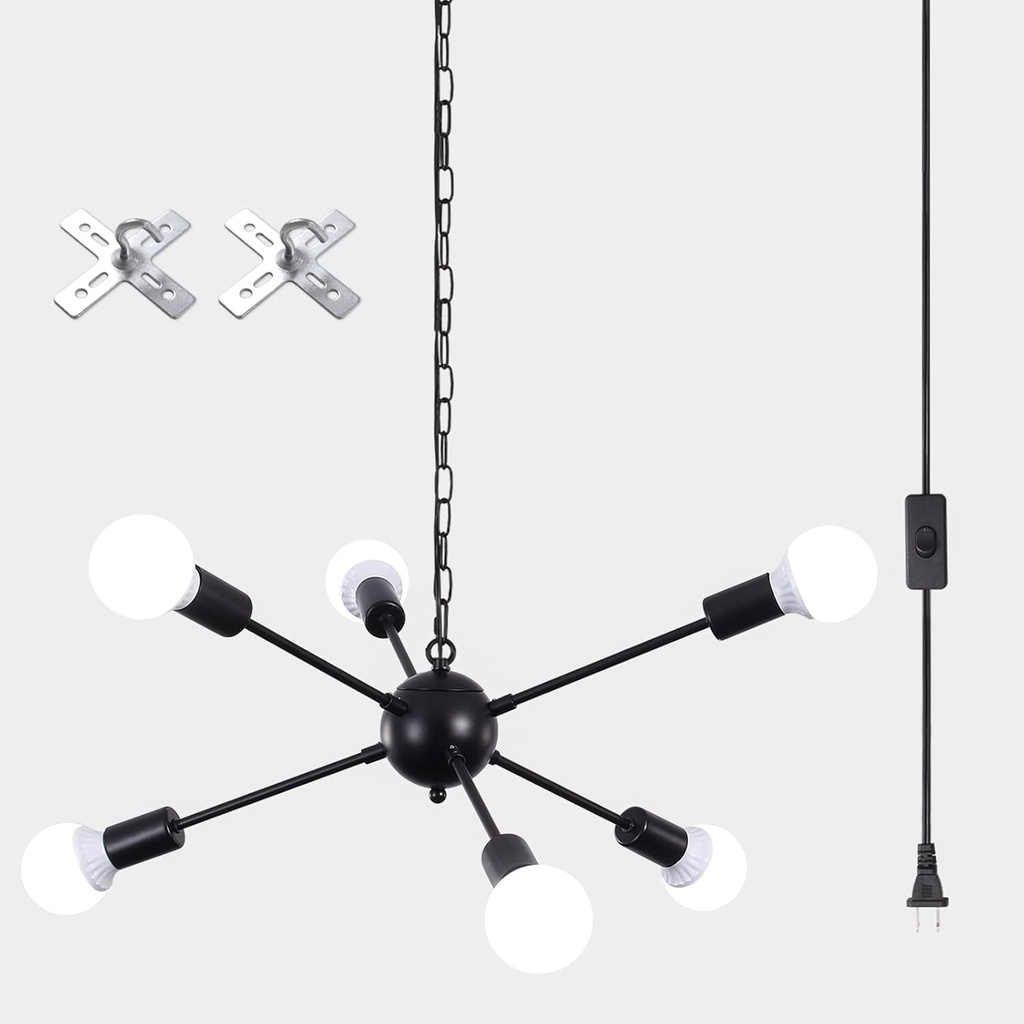 ETONIMERR Plug in Chandelier Sputnik Ceiling Light, 6 Light Modern Hanging Lights with Plug in Cord & On/Off Switch, Black Plug in Hanging Light Outdoor Chandelier for Gazebo Porch Kitchen Dining Room