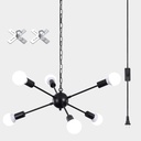 ETONIMERR Plug in Chandelier Sputnik Ceiling Light, 6 Light Modern Hanging Lights with Plug in Cord & On/Off Switch, Black Plug in Hanging Light Outdoor Chandelier for Gazebo Porch Kitchen Dining Room