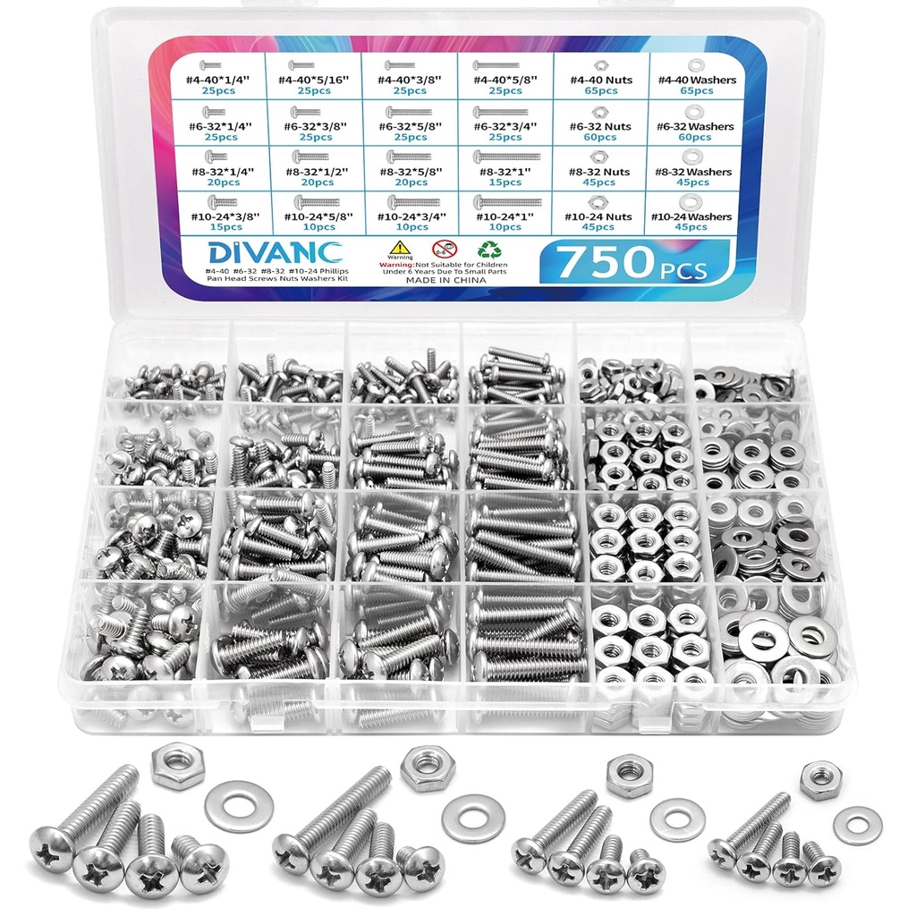 750Pcs Nuts and Bolts Assortment Kit, 10-24#8-32#6-32#4-40 Phillips Pan Head Assortment Stainless Steel Bolts Nuts Flat Washers Nuts Bolts, Hardware Assortment Kit (Phillips Pan Head)