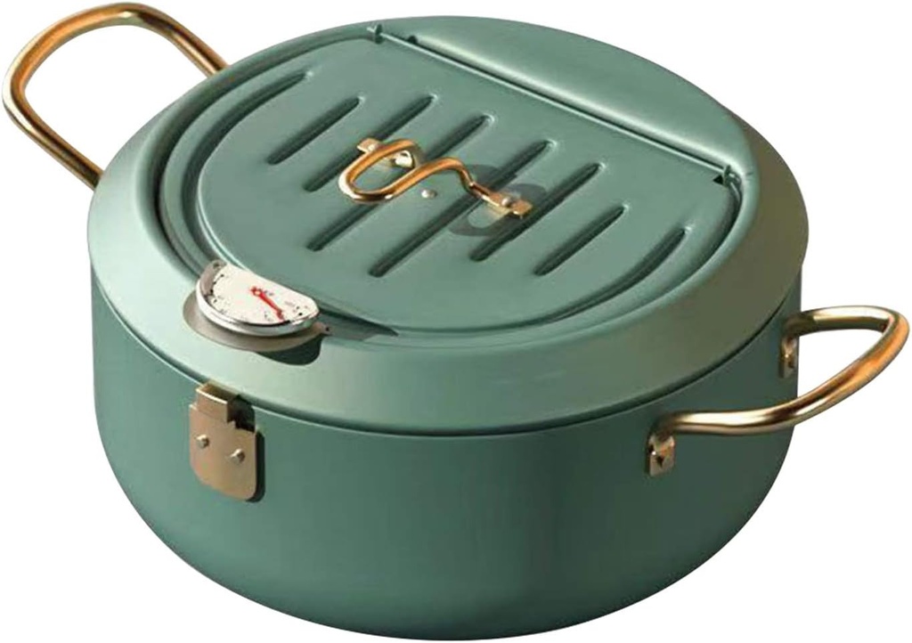Tempura Frying Pan, 10 inch Deep Fryer Pot with Temperature Control, Carbon Steel Japanese Fryer Pot for Kitchen Home Cooking Chicken Legs, Dried Fish Tools (Green)
