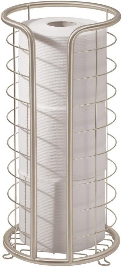 mDesign Metal Toilet Paper Holder Stand - Storage Reserve for 3 Rolls of Toilet Tissue - Freestanding Toilet Paper Holder - Stylish Bathroom Floor Toilet Paper Stand - Omni Collection - Satin